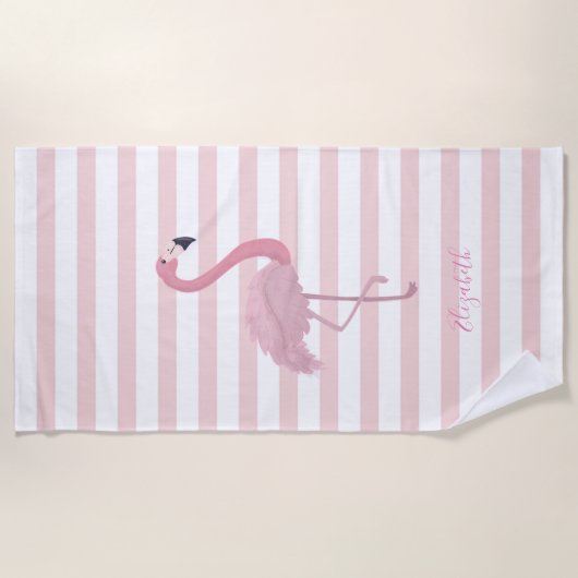 Cute Girly Pink Flamingo , Stripes - Personalized Strandlaken (Voorkant)