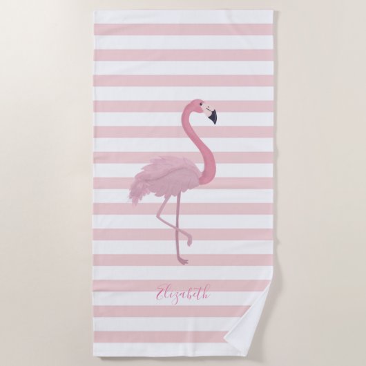 Cute Girly Pink Flamingo , Stripes - Personalized Strandlaken (Voorkant)