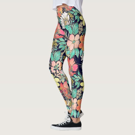 Cute Girly Pink Floral Golden Strokes Design Leggings (Links)