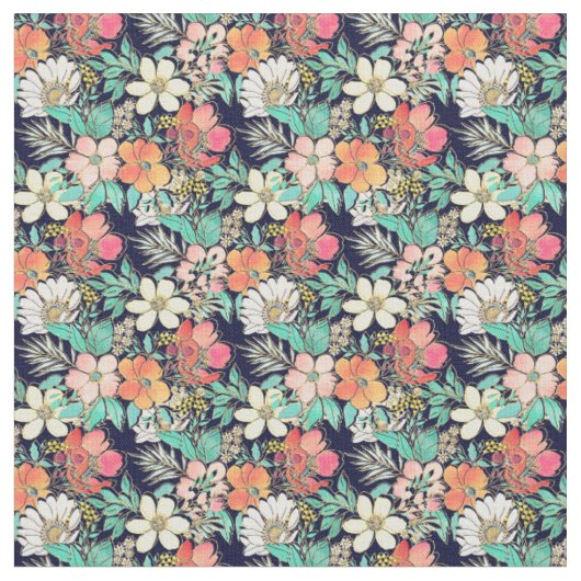Cute Girly Pink Floral Golden Strokes Design Stof (Close Up)