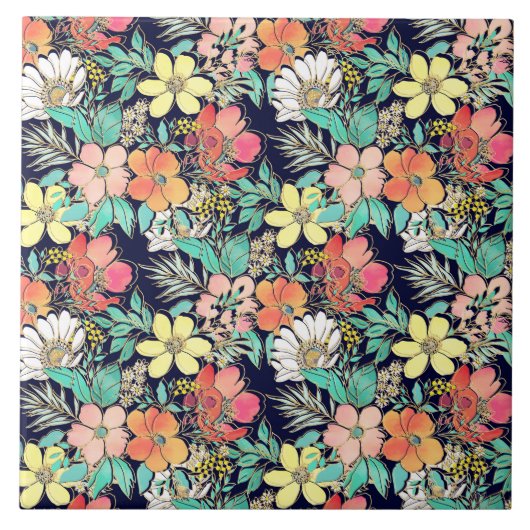 Cute Girly Pink Floral Golden Strokes Design Tegeltje (Voorkant)