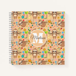 Cute Girly Pink Floral Sloth Pattern Monogrammed Notitieboek