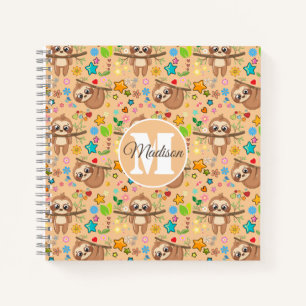 Cute Girly Pink Floral Sloth Pattern Monogrammed Notitieboek
