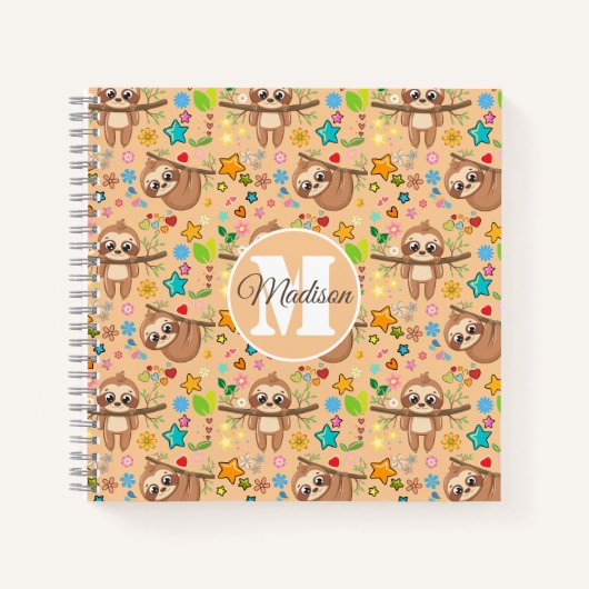 Cute Girly Pink Floral Sloth Pattern Monogrammed Notitieboek (Voorkant)