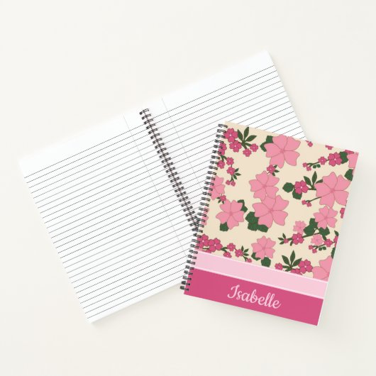 Cute Girly Pink Flower Pattern Personalised Notitieboek (Binnen)