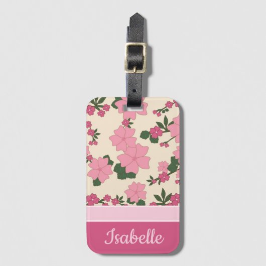 Cute Girly Pink Flower Pattern Personalized Bagagelabel (Voorkant (verticaal))