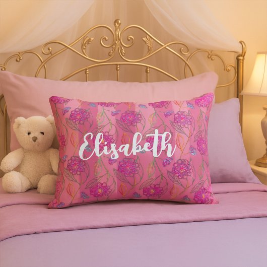 Cute & Girly Pink Flowers Striped Pattern Add Name Accent Kussen