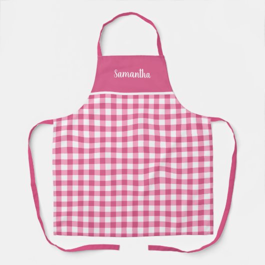 Cute Girly Pink Gingham Name Personalized Apron Schort (Voorkant)