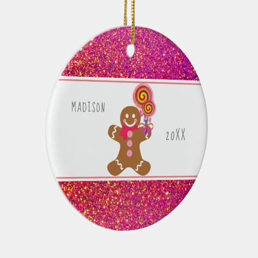 Cute Girly Pink Glitter Gingerbrood Snoep Name Keramisch Ornament (Rechts)