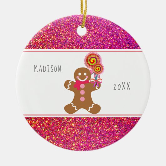 Cute Girly Pink Glitter Gingerbrood Snoep Name Keramisch Ornament (Voorkant)