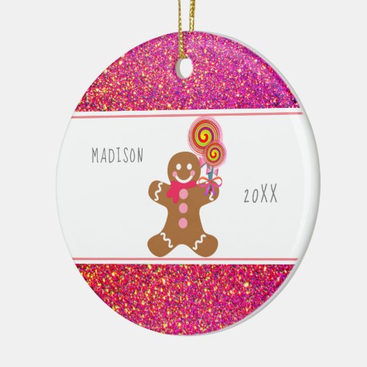 Cute Girly Pink Glitter Gingerbrood Snoep Name Keramisch Ornament (Links)