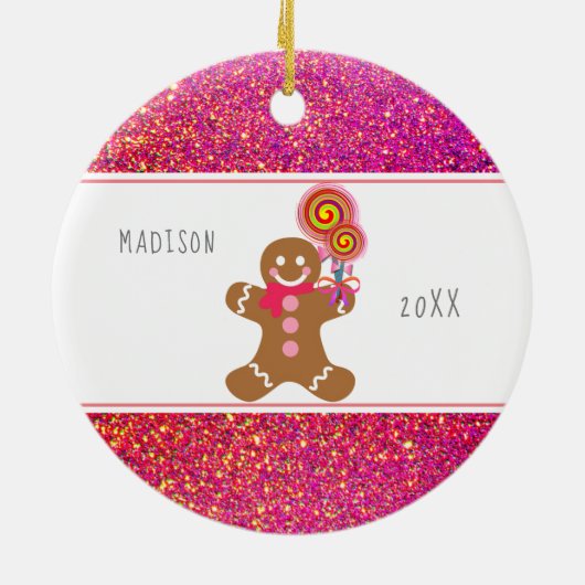 Cute Girly Pink Glitter Gingerbrood Snoep Name Keramisch Ornament (Achterkant)
