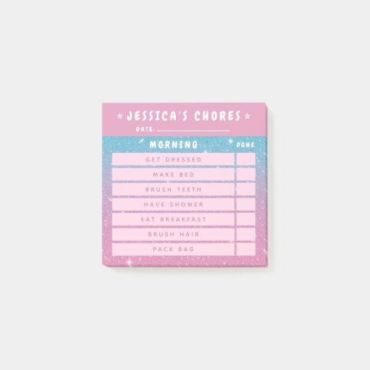 Cute Girly Pink Glitter Kids Morning Chores 3x3 Post-it® Notes (Voorkant)