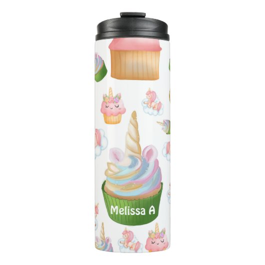 Cute Girly Pink Green Cupcake Unicorn Thermosbeker (Voorkant)