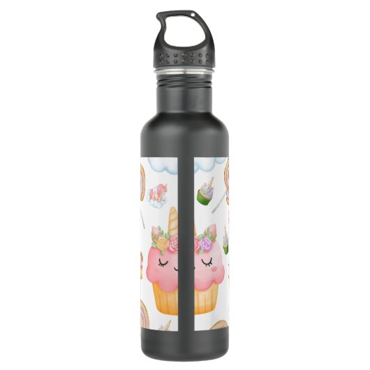 Cute Girly Pink Green Cupcake Unicorn Waterfles (Achterkant)