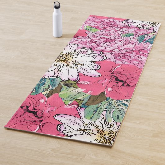 Cute Girly Pink & Green Floral Illustration Yogamat (In situ)