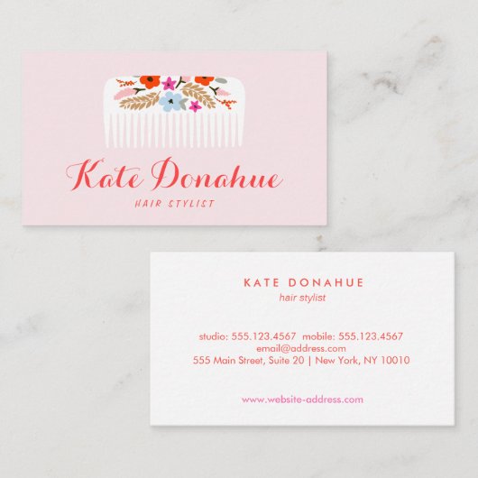 Cute Girly Pink Haarstylist Floral Comb Hair Salon Visitekaartje (Voorkant / Achterkant)