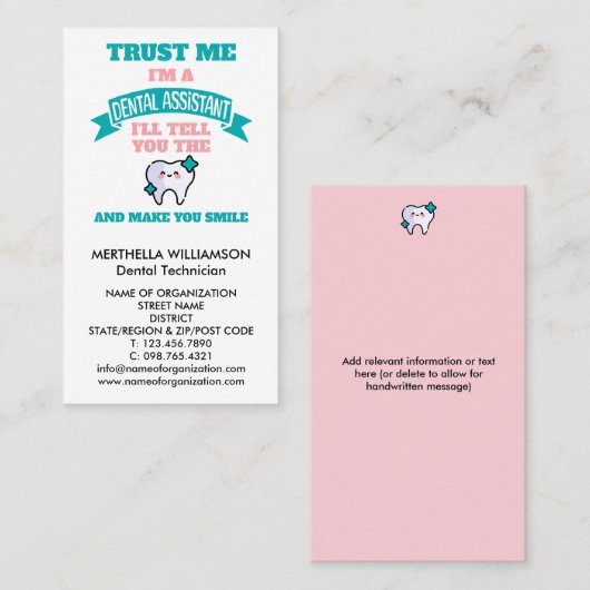 Cute Girly Pink Kawaii DENTAL ASSISTANT Corporate  Visitekaartje (Voorkant / Achterkant)