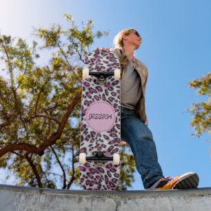 Cute Girly Pink Leopard Animal Print Douanenaam Persoonlijk Skateboard