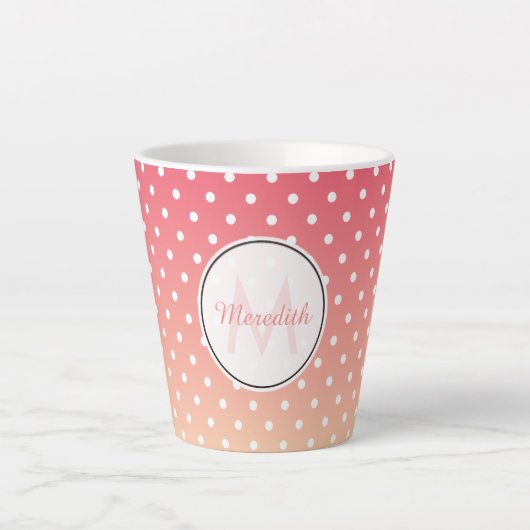 Cute Girly Pink Ombre Polka Dot Monogram Latte Mok (Voorkant)
