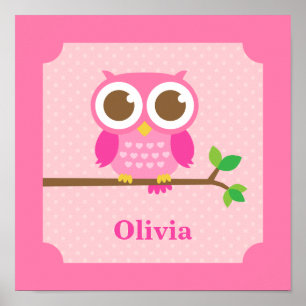 Cute Girly Pink Owl on Branch Girls Room Decor Poster