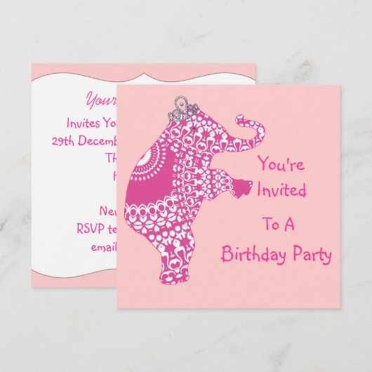 Cute Girly Pink Princess Elephant Party Invitation Kaart (Voorkant / Achterkant)