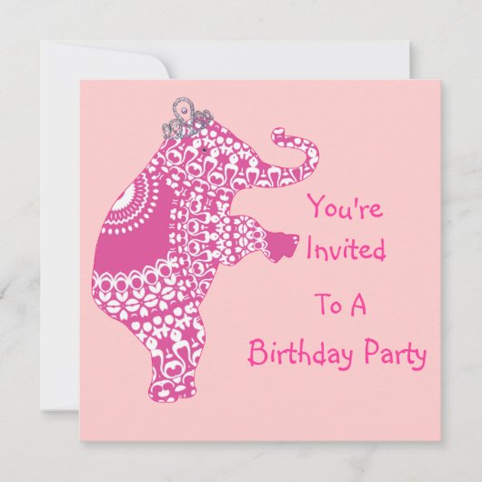 Cute Girly Pink Princess Elephant Party Invitation Kaart (Voorkant)