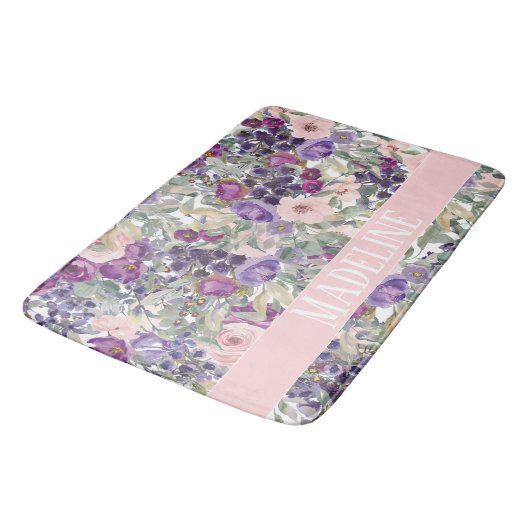 Cute Girly Pink Purple Flowers Jouw naam Badmat (Gekanteld)