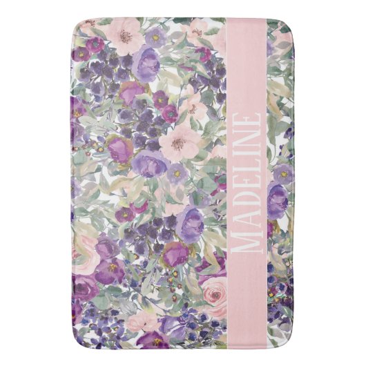 Cute Girly Pink Purple Flowers Jouw naam Badmat (Voorkant Verticaal)