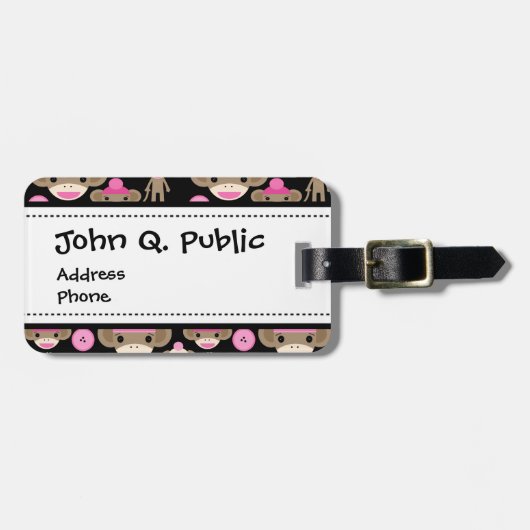 Cute Girly Pink Sock Monkeys Girls op Black Bagagelabel (Voorkant horizontaal)