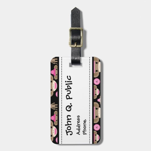 Cute Girly Pink Sock Monkeys Girls op Black Bagagelabel (Voorkant verticaal)