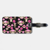 Cute Girly Pink Sock Monkeys Girls op Black Bagagelabel (Achterkant horizontaal)