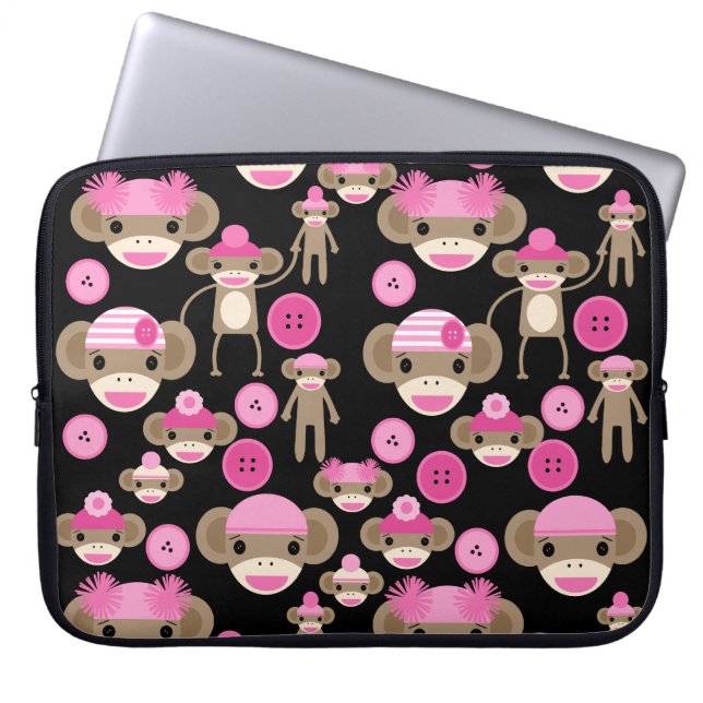 Cute Girly Pink Sock Monkeys Girls op Black Laptop Sleeve (Voorkant)