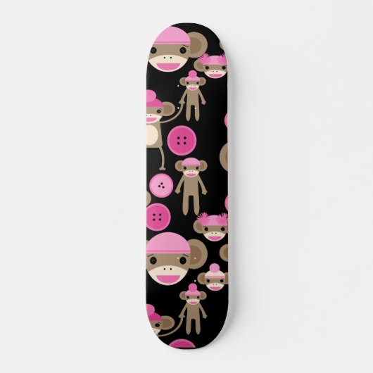 Cute Girly Pink Sock Monkeys Girls op Black Skateboard (Voorkant)