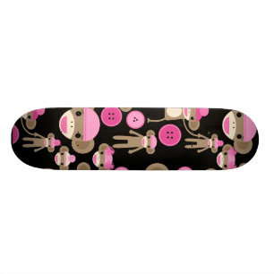 Cute Girly Pink Sock Monkeys Girls op Black Skateboard