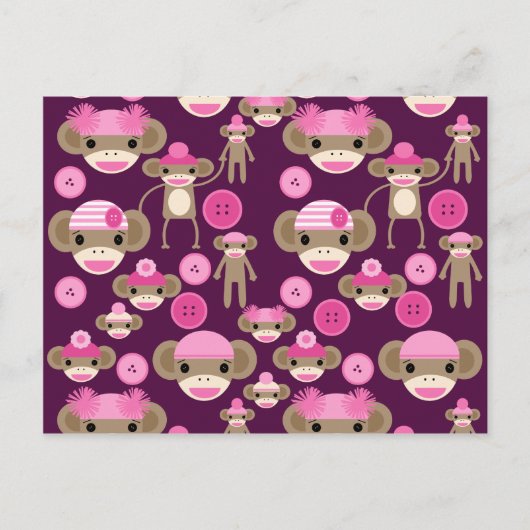 Cute Girly Pink Sock Monkeys Girls op Paars Briefkaart (Voorkant)