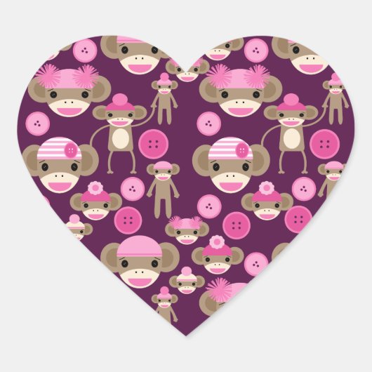 Cute Girly Pink Sock Monkeys Girls op Paars Hart Sticker (Voorkant)