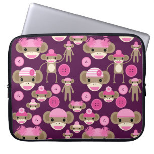 Cute Girly Pink Sock Monkeys Girls op Paars Laptop Sleeve