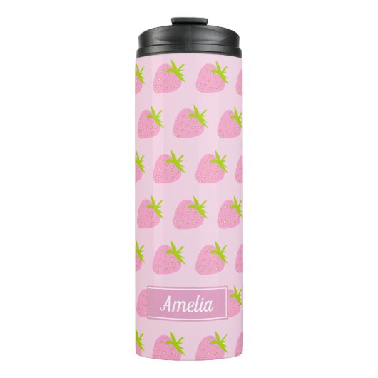 Cute Girly Pink Strawberry Pattern Personalised Thermosbeker (Voorkant)