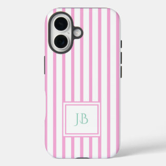 Cute Girly Pink Striped Personalized Initial iPhone 16 Hoesje