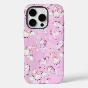 Cute Girly Pink Unicorn Rainbow Waterverf Hoesje-M iPhone 16 Pro Hoesje