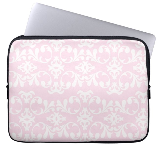 Cute Girly Pink White Damask Patroon Laptop Sleeve (Voorkant)
