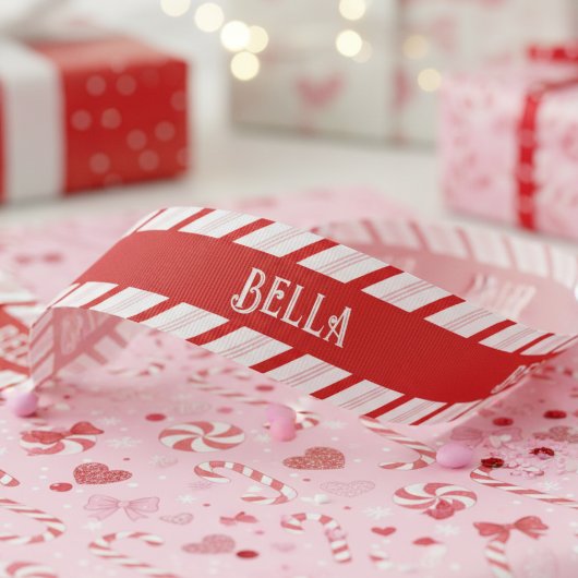 Cute Girly Red and Pink Xmas Candy Cane Stripes Grosgrain Lint