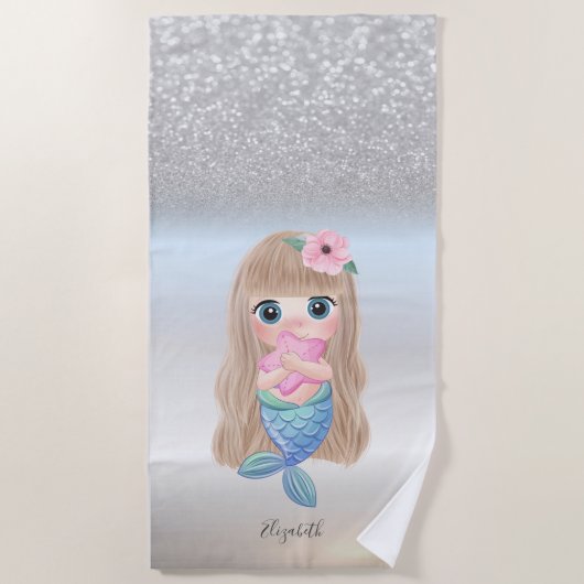 Cute Girly Silver Glitter Bokeh Mermaid Star Strandlaken (Voorkant)