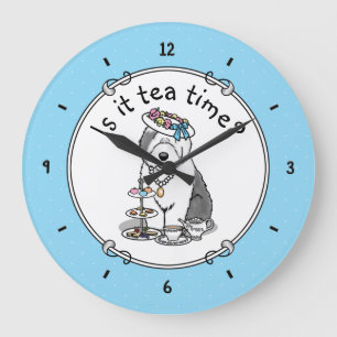 Cute Girly Tea Party Old English Sheepdog (grijs 1 Grote Klok