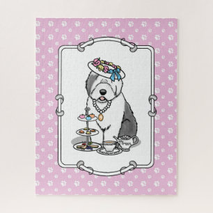Cute Girly Tea Party Old English Sheepdog (grijs 1 Legpuzzel