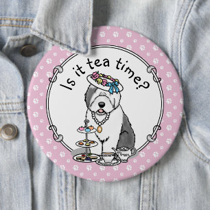 Cute Girly Tea Party Old English Sheepdog (grijs 1 Ronde Button 6,0 Cm