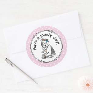 Cute Girly Tea Party Old English Sheepdog (grijs 1 Ronde Sticker