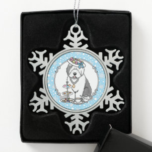 Cute Girly Tea Party Old English Sheepdog (grijs 1 Tin Sneeuwvlok Ornament