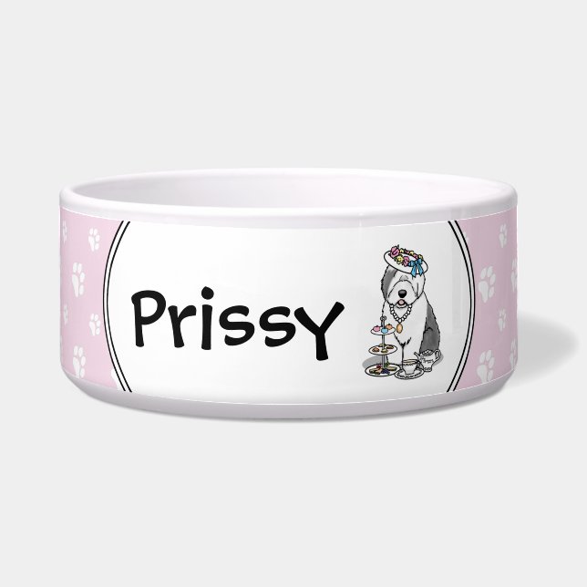 Cute Girly Tea Party Old English Sheepdog (grijs 1 Voerbakje (Voorkant)